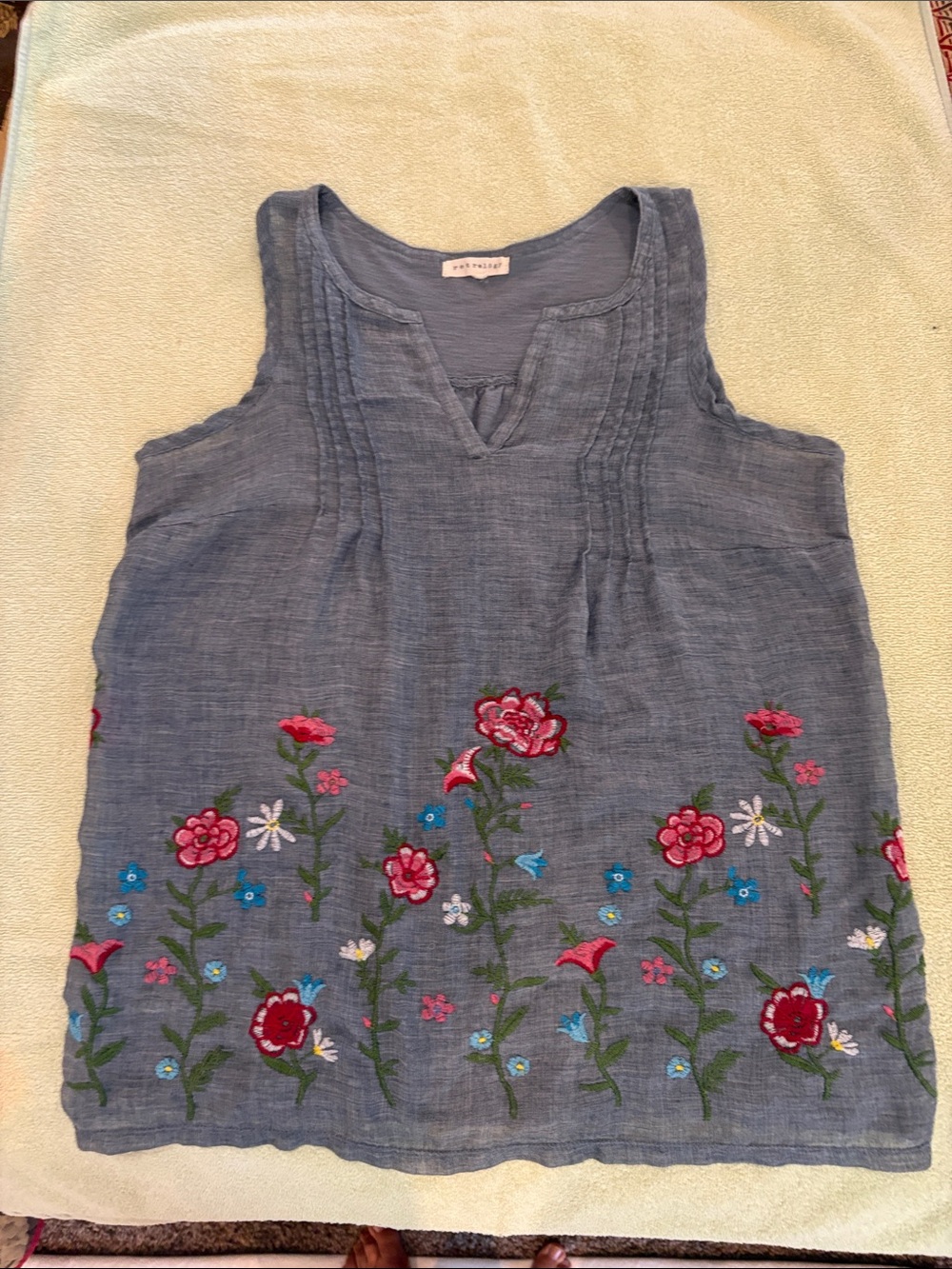 Retrology Womens Large Blue Chambray Embroidered Floral Boho Tank Top Blouse